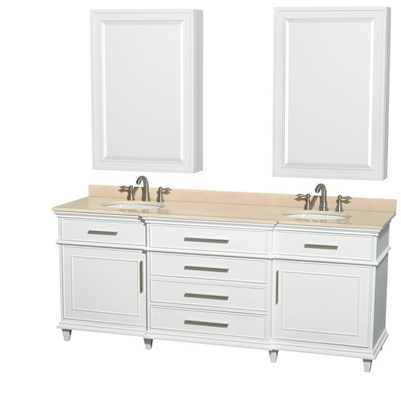 Wyndham Collection Berkeley 80 inch Double Bathroom Vanity in White, Ivory Marble Countertop, Undermount Round Sinks, 24 inch Medicine Cabinets