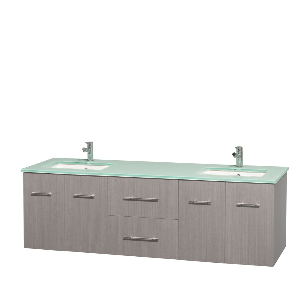 Wyndham Collection Centra 72 inch Double Bathroom Vanity in Grey Oak Green Glass Countertop Undermount Square Sinks and No Mirror