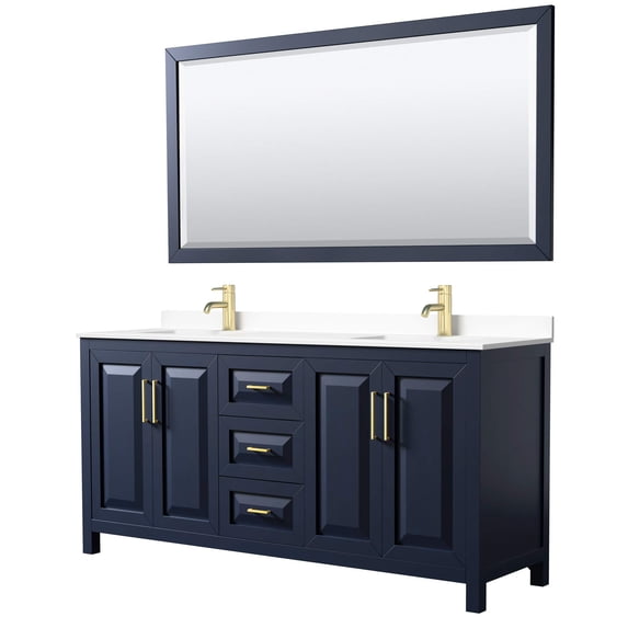 Wyndham Collection Daria 72" Mirror Wood Double Bathroom Vanity in Blue/Gold