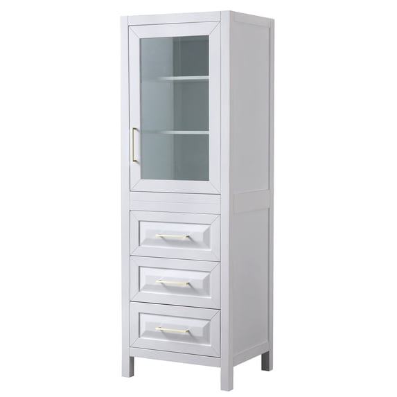 Daria Linen Tower in White with Brushed Gold Trim, Shelved Cabinet Storage, and 3 Drawers