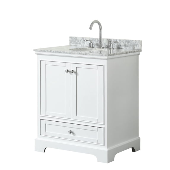 Wyndham Collection Deborah 30" Marble Top Wood Single Bathroom Vanity in White