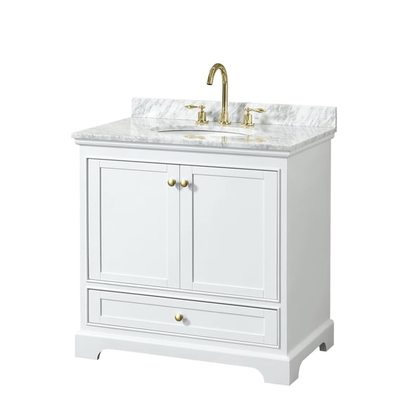 Wyndham Collection Deborah 36" Wood & Metal Single Bathroom Vanity in White/Gold