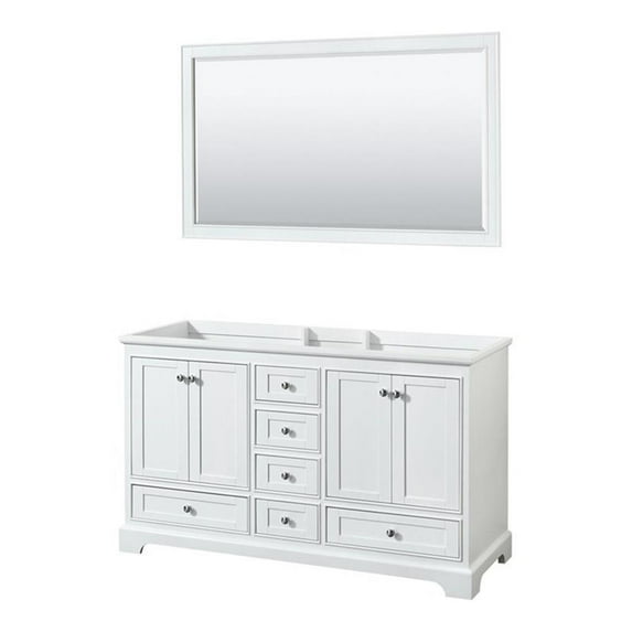 Wyndham Collection Deborah 60 Inch Double Bathroom Vanity in White, No Countertop, No Sinks, and 58 Inch Mirror