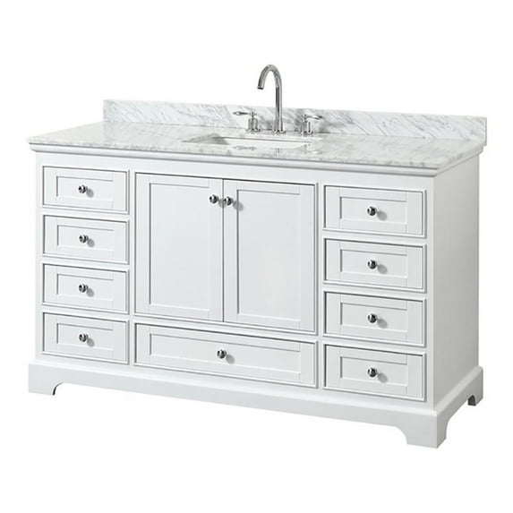 Wyndham Collection Deborah 60 Inch Single Bathroom Vanity in White, White Carrara Marble Countertop, Undermount Square Sink, and No Mirror