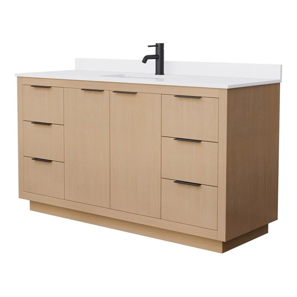 Light Straw Oak Single Bathroom Vanity with White Marble Top