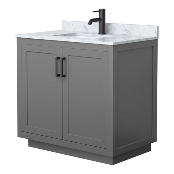 Wyndham Collection Miranda 36" Carrara&Wood Single Bathroom Vanity in Gray/Black