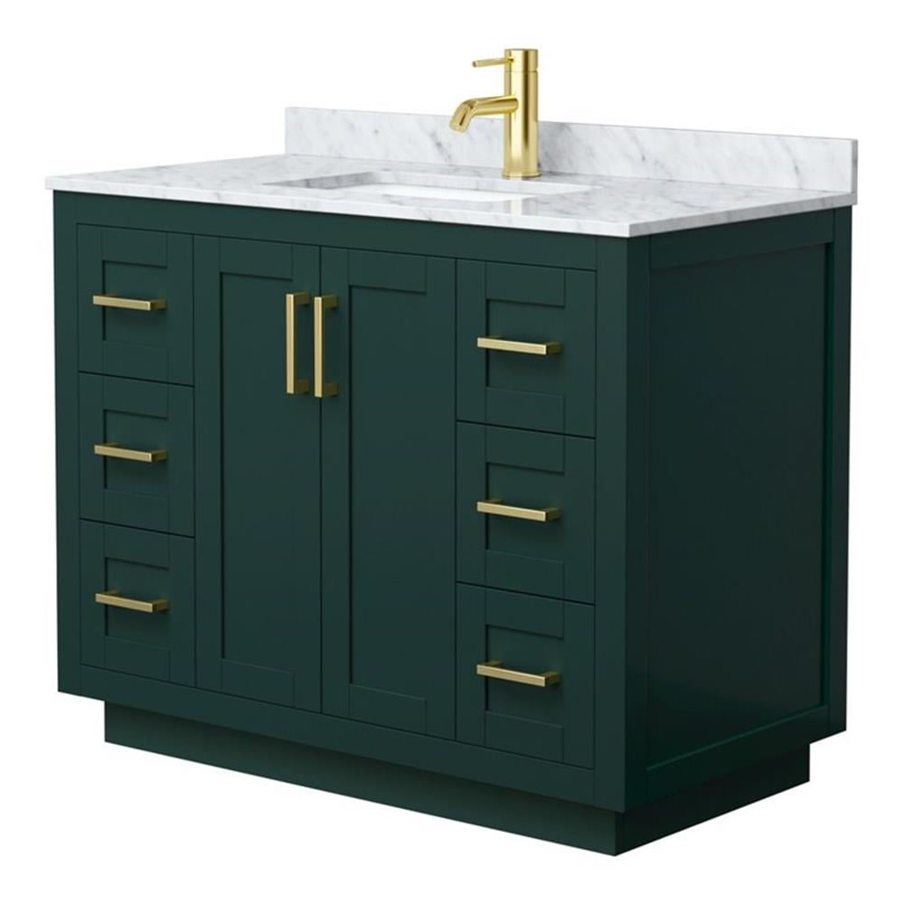 Miranda 42'' Green Single Freestanding Bathroom Vanity with White Carrara Marble Top and Brushed Gold Trim
