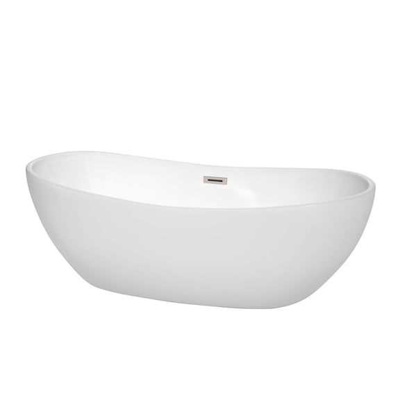 Rebecca 70 Inch Freestanding Bathtub in White with Brushed Nickel Drain and Overflow Trim