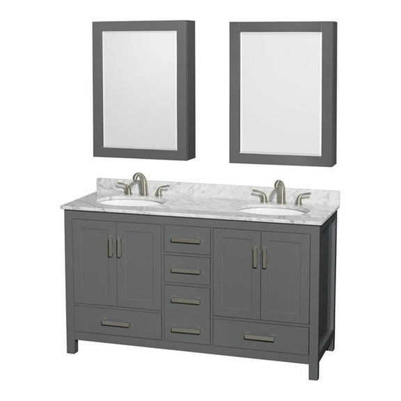 Wyndham Collection Sheffield 60 Inch Double Bathroom Vanity in Dark Gray, White Carrara Marble Countertop, Undermount Oval Sinks, and Medicine Cabinets