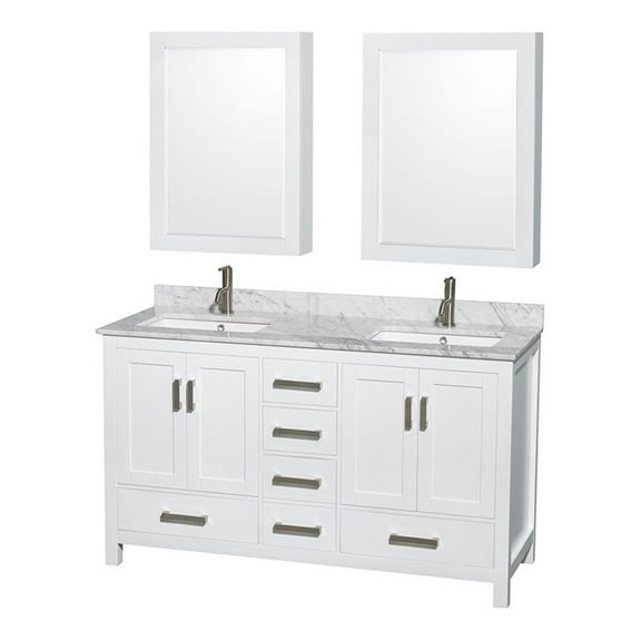 Wyndham Collection Sheffield 60" Wood & Marble Double Bathroom Vanity in White