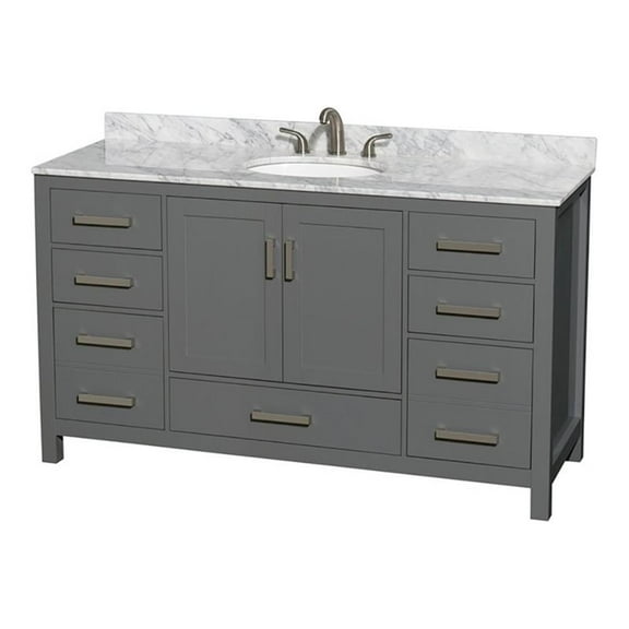 Wyndham Collection Sheffield 60 Inch Single Bathroom Vanity in Dark Gray, White Carrara Marble Countertop, Undermount Oval Sink, and No Mirror