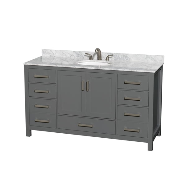 Wyndham Collection Sheffield 60 Inch Single Bathroom Vanity in Dark Gray, White Carrara Marble Countertop, Undermount Oval Sink, and No Mirror