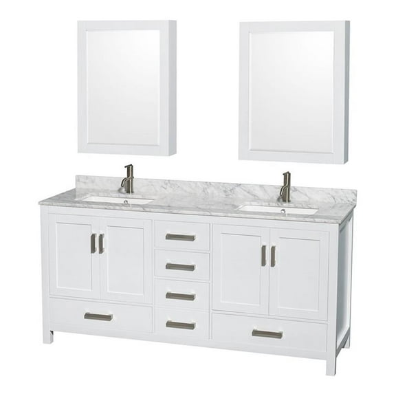 Wyndham Collection Sheffield 72" Wood & Marble Double Bathroom Vanity in White