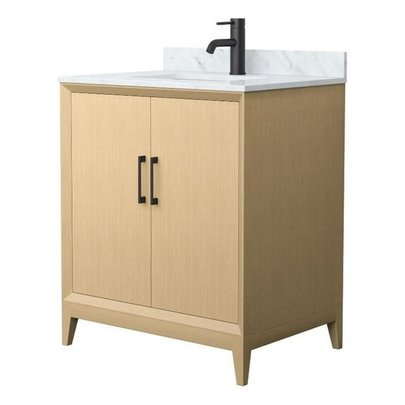 Janna 30" White Oak Single Vanity & White Carrara Marble Top & Black Trim