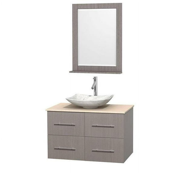 Wyndham Collection WCVW00936SGOIVGS6M24 Centra 36 in. Vanity In Gray Oak With Marble Vanity Top In Ivory, Carrara White Marble Sink And 24 in. Mirror