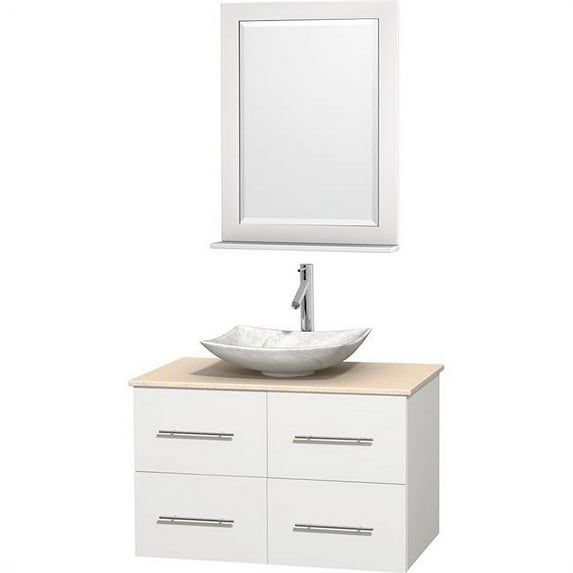 Wyndham Collection WCVW00936SWHIVGS6M24 Centra 36 in. Vanity In White With Marble Vanity Top In Ivory, Carrara White Marble Sink And 24 in. Mirror