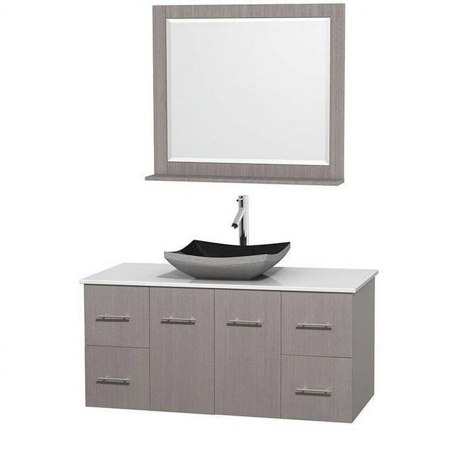 Wyndham Collection WCVW00948SGOWSGS1M36 Centra 48 in. Vanity In Gray Oak With Solid-Surface Vanity Top In White&#44; Black Granite Sink And 36 in. Mirror