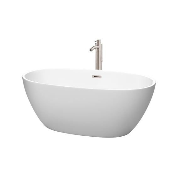 Juno 59 Inch Freestanding Bathtub in Matte White with Floor Mounted Faucet, Drain and Overflow Trim in Brushed Nickel