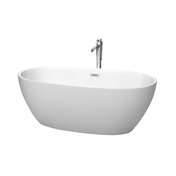 Juno 63 Inch Freestanding Bathtub in Matte White with Floor Mounted Faucet, Drain and Overflow Trim in Polished Chrome