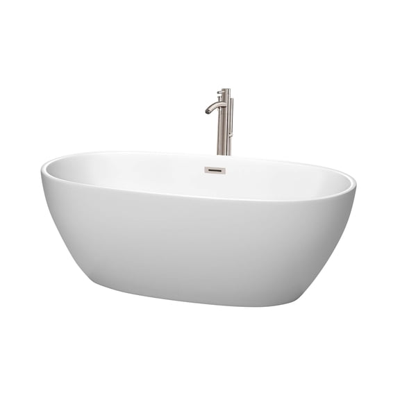Juno 63 Inch Freestanding Bathtub in Matte White with Floor Mounted Faucet, Drain and Overflow Trim in Brushed Nickel