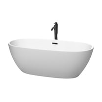 Wyndham Collection Juno 67 Inch Freestanding Bathtub in Matte White with Floor Mounted Faucet, Drain and Overflow Trim in Matte Black