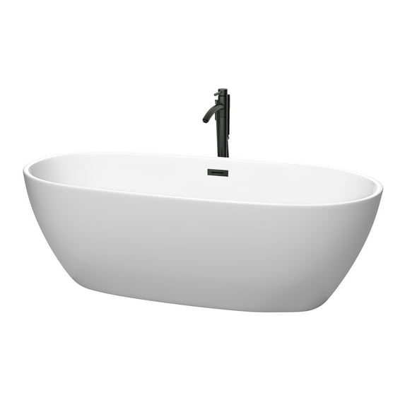 Wyndham Collection Juno 71 Inch Freestanding Bathtub in Matte White with Floor Mounted Faucet, Drain and Overflow Trim in Matte Black