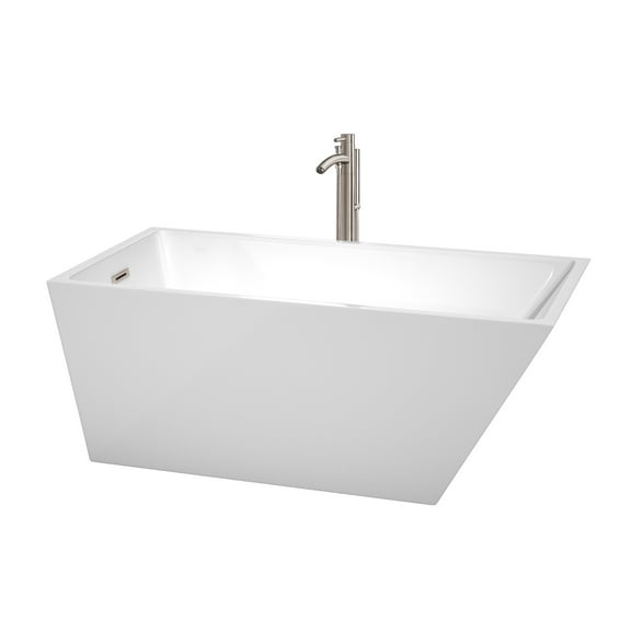 Hannah 59" Freestanding Bathtub in White with Floor Mounted Faucet, Drain and Overflow Trim in Brushe