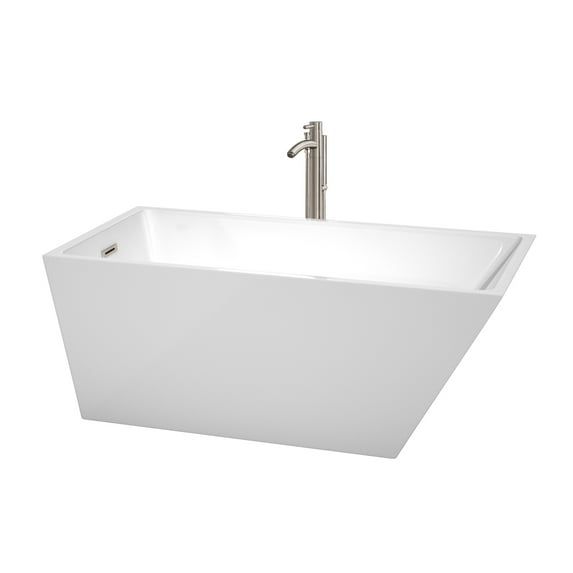 Hannah 59" Freestanding Bathtub in White with Floor Mounted Faucet, Drain and Overflow Trim in Brushe