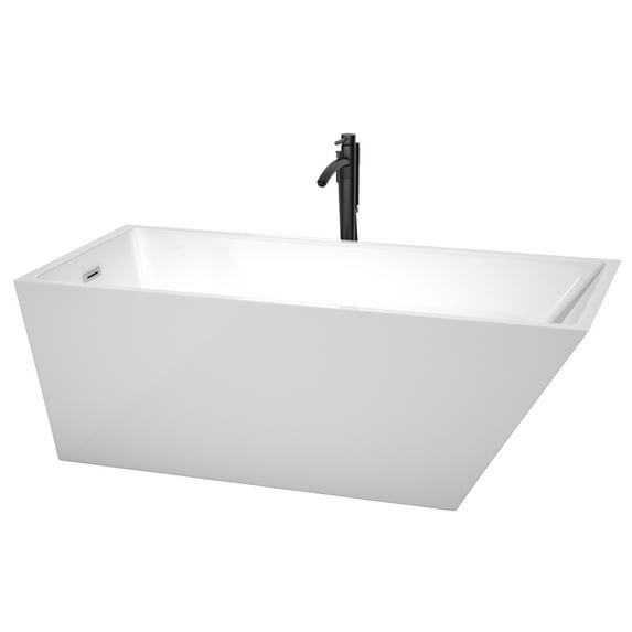 Hannah 67 Inch Freestanding Bathtub in White with Polished Chrome Trim and Floor Mounted Faucet in Matte Black