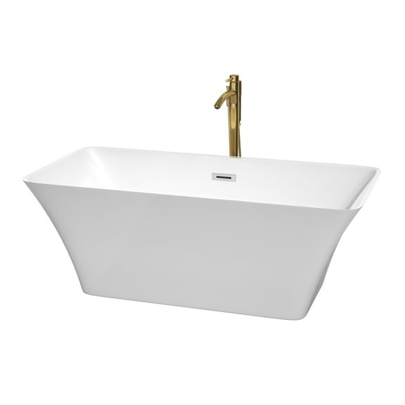 Tiffany 59 Inch Freestanding Bathtub in White with Polished Chrome Trim and Floor Mounted Faucet in Brushed Gold