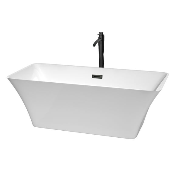 Tiffany 67 Inch Freestanding Bathtub in White with Floor Mounted Faucet, Drain and Overflow Trim in Matte Black