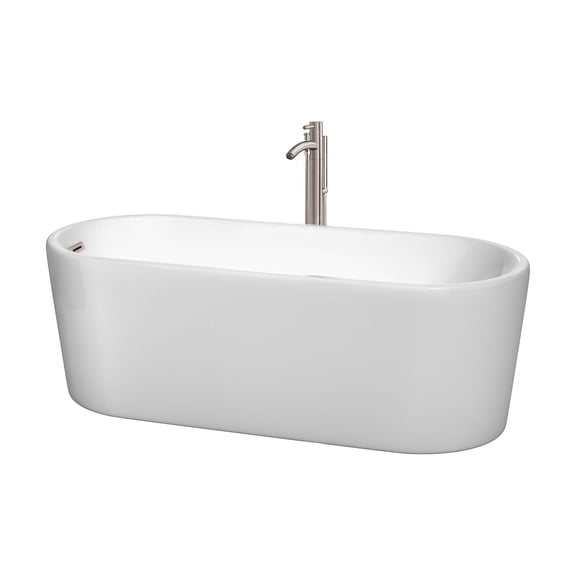 Ursula 67" Freestanding Bathtub in White with Floor Mounted Faucet, Drain and Overflow Trim in Brushe