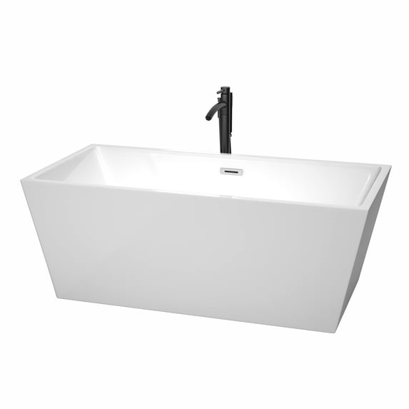 Sara 63 Inch Freestanding Bathtub in White with Polished Chrome Trim and Floor Mounted Faucet in Matte Black