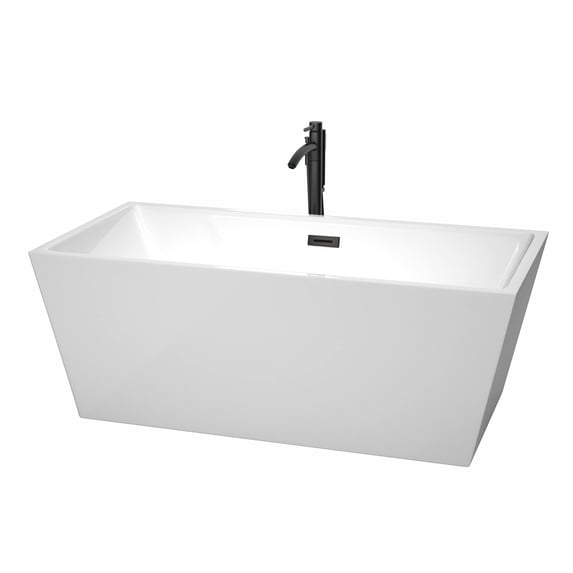 Sara 63 Inch Freestanding Bathtub in White with Floor Mounted Faucet, Drain and Overflow Trim in Matte Black