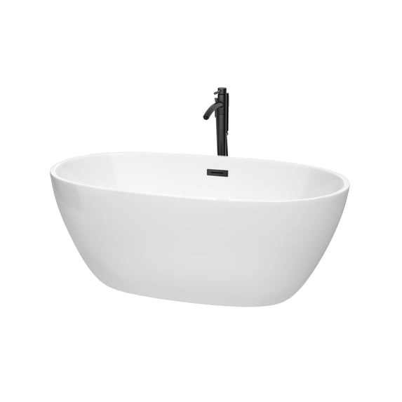 Juno 59 Inch Freestanding Bathtub in White with Floor Mounted Faucet, Drain and Overflow Trim in Matte Black