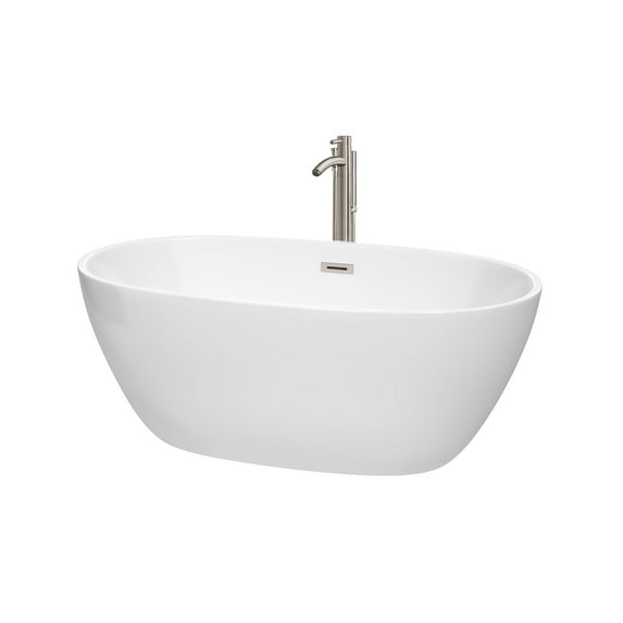 Juno 59" Freestanding Bathtub in White with Floor Mounted Faucet, Drain and Overflow Trim in Brushed