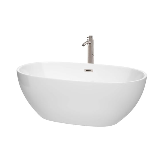 Juno 63" Freestanding Bathtub in White with Floor Mounted Faucet, Drain and Overflow Trim in Brushed