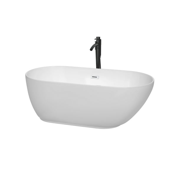 Wyndham Collection Melissa 60 Inch Freestanding Bathtub in White with Shiny White Trim and Floor Mounted Faucet in Matte Black