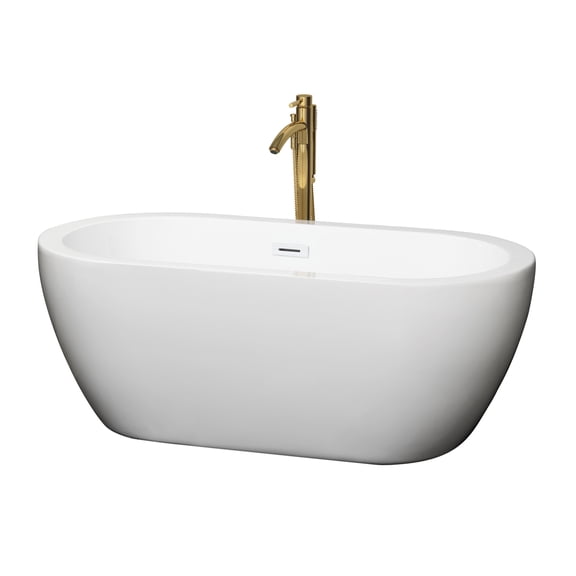 Soho 60 Inch Freestanding Bathtub in White with Shiny White Trim and Floor Mounted Faucet in Brushed Gold