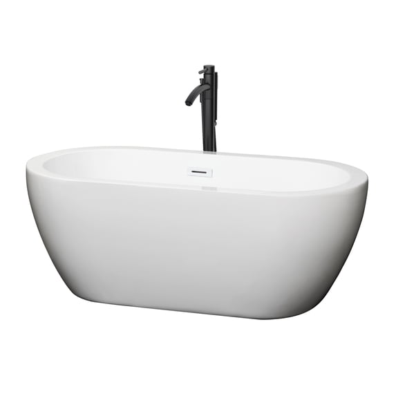 Soho 60 Inch Freestanding Bathtub in White with Shiny White Trim and Floor Mounted Faucet in Matte Black