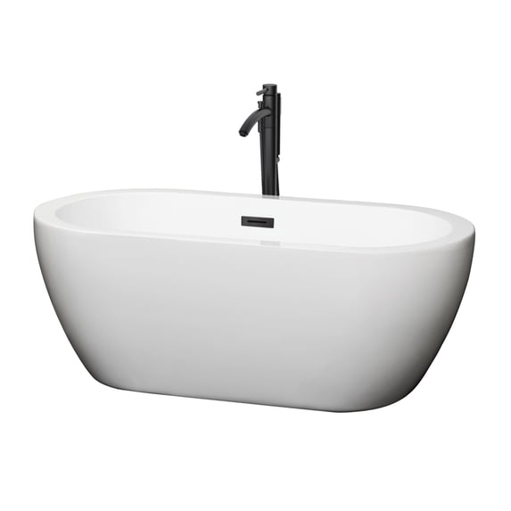Soho 60 Inch Freestanding Bathtub in White with Floor Mounted Faucet, Drain and Overflow Trim in Matte Black