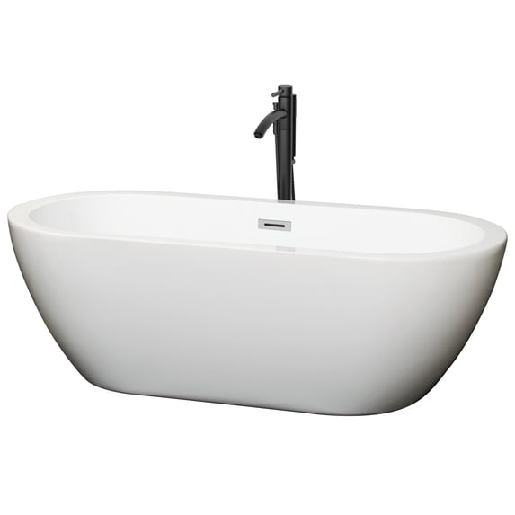 Soho 68 Inch Freestanding Bathtub in White with Polished Chrome Trim and Floor Mounted Faucet in Matte Black