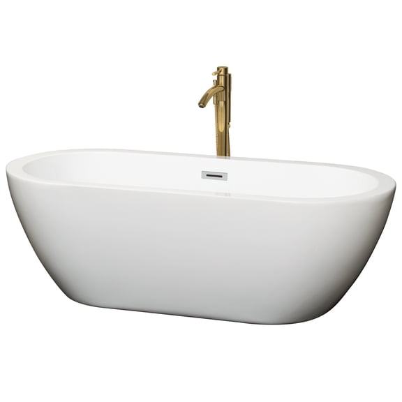 Soho 68 Inch Freestanding Bathtub in White with Polished Chrome Trim and Floor Mounted Faucet in Brushed Gold