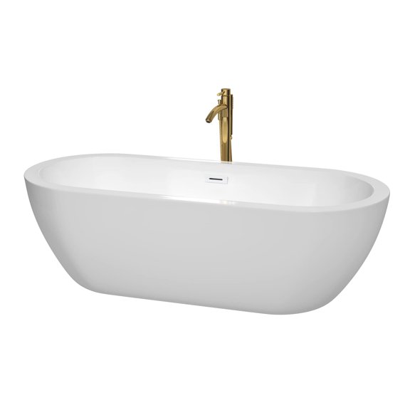 Soho 72 Inch Freestanding Bathtub in White with Shiny White Trim and Floor Mounted Faucet in Brushed Gold