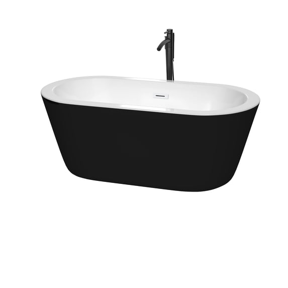 Mermaid 60 Inch Freestanding Bathtub in Black with White Interior with Shiny White Trim and Floor Mounted Faucet in Matte Black