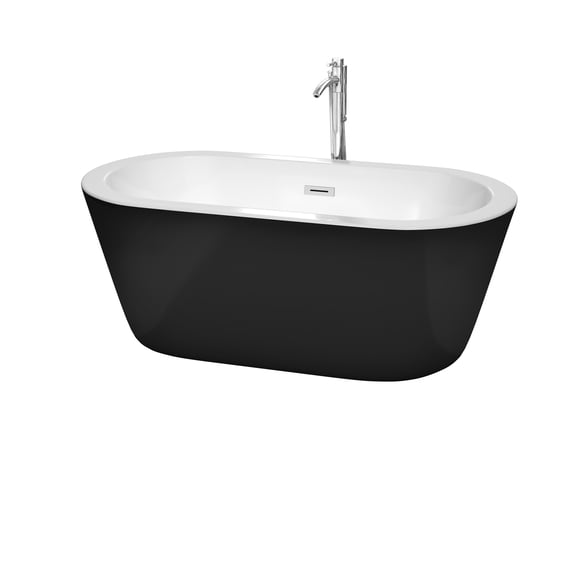 Mermaid 60 Inch Freestanding Bathtub in Black with White Interior with Floor Mounted Faucet, Drain and Overflow Trim in Polished Chrome