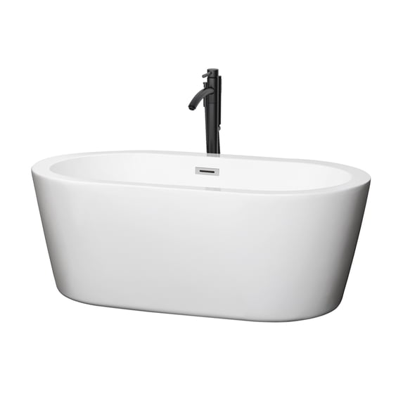 Mermaid 60 Inch Freestanding Bathtub in White with Polished Chrome Trim and Floor Mounted Faucet in Matte Black