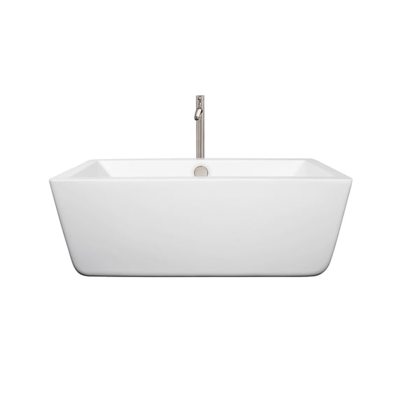 59" Center Drain Soaking Tub in White with Floor Mounted Faucet in Brushed Nickel