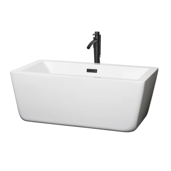 Laura 59 Inch Freestanding Bathtub in White with Floor Mounted Faucet, Drain and Overflow Trim in Matte Black