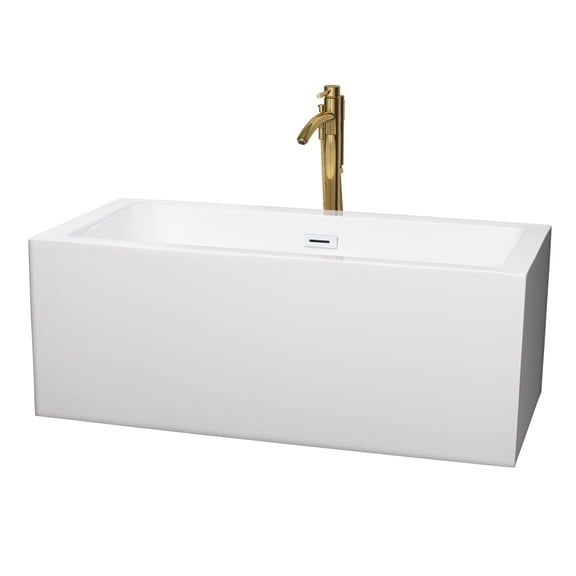 Melody 60 Inch Freestanding Bathtub in White with Shiny White Trim and Floor Mounted Faucet in Brushed Gold